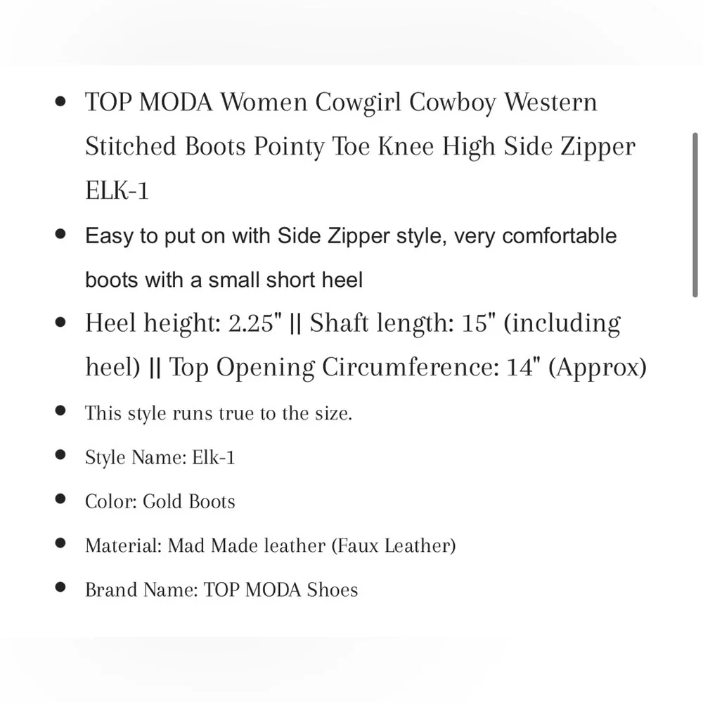 Top Moda Elk Gold Wester Cowgirl Full Zipper Calf Boots New - Picture 5 of 11